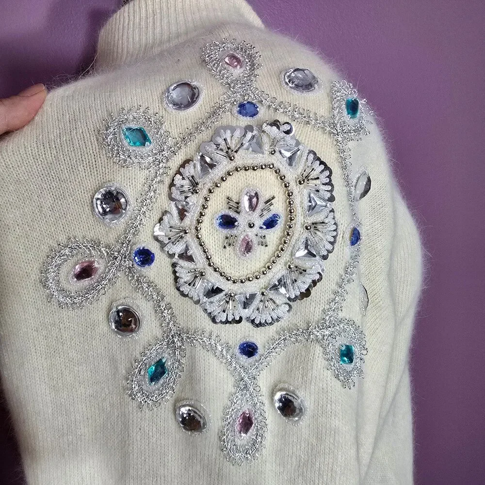 Vintage rhinestones Bejeweled crystal plus size wool angora cardigan